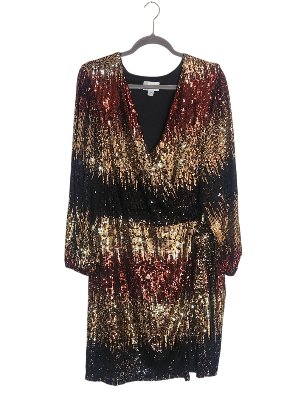Premier Amour Black and Gold Sequin Cocktail Dress Long Sleeve Size 22W